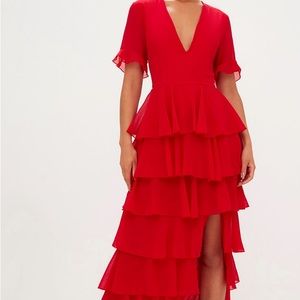Pretty Little thing Red Chiffon Ruffle Layer Maxi Dress